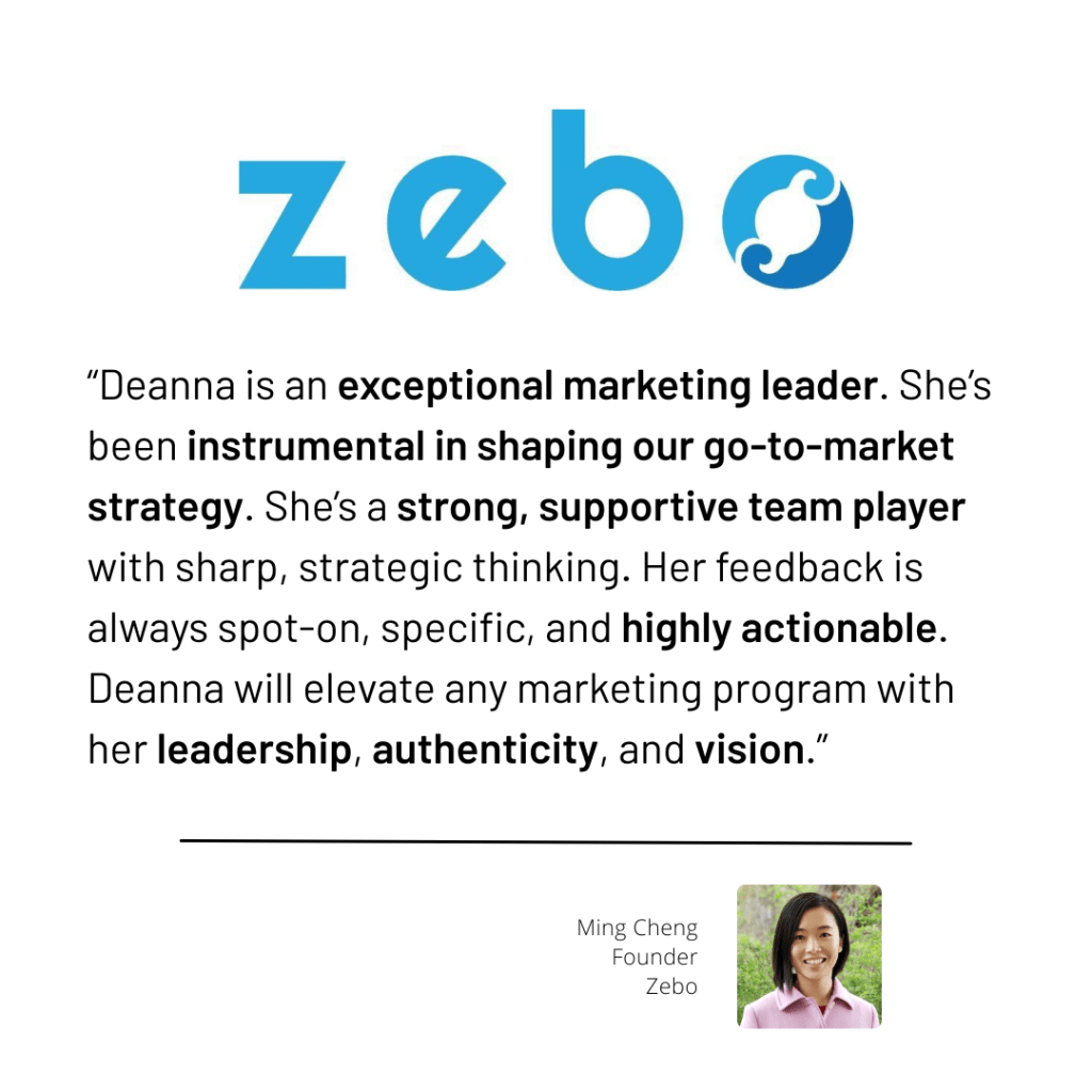 Testimonial from client Zebo about Deanna as a marketing and go-to-market strategist
